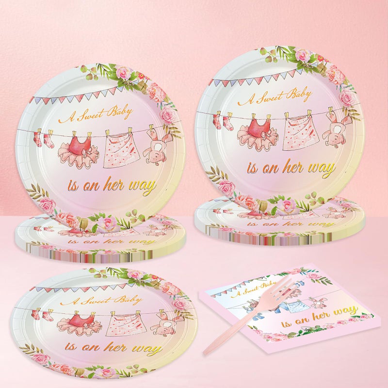 HFBOBP 75PCS Floral Baby Girl Shower Plates and Napkins Decorations Party Favors, 7Inch A Sweet Baby Is on Her Way Paper Dessert Plates Disposable Tableware Party Supplies - Image 2